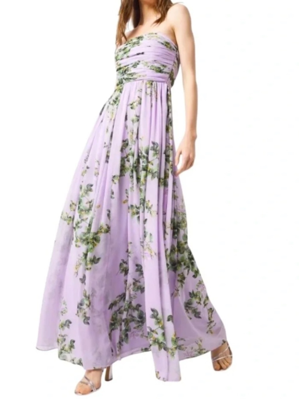White House Black Market Floral Lilac Strapless Chiffon Maxi Dress